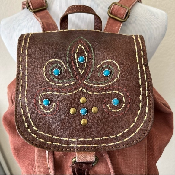 Mona B Dreamweaver Backpack Upcycled Canvas Rucksack Turquoise Jeweled New - Picture 3 of 12